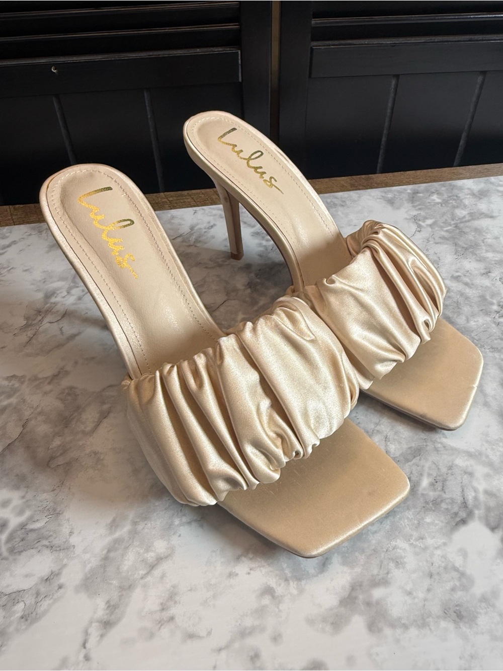 Lulu's Satin Ruched Slide Heels in Champagne